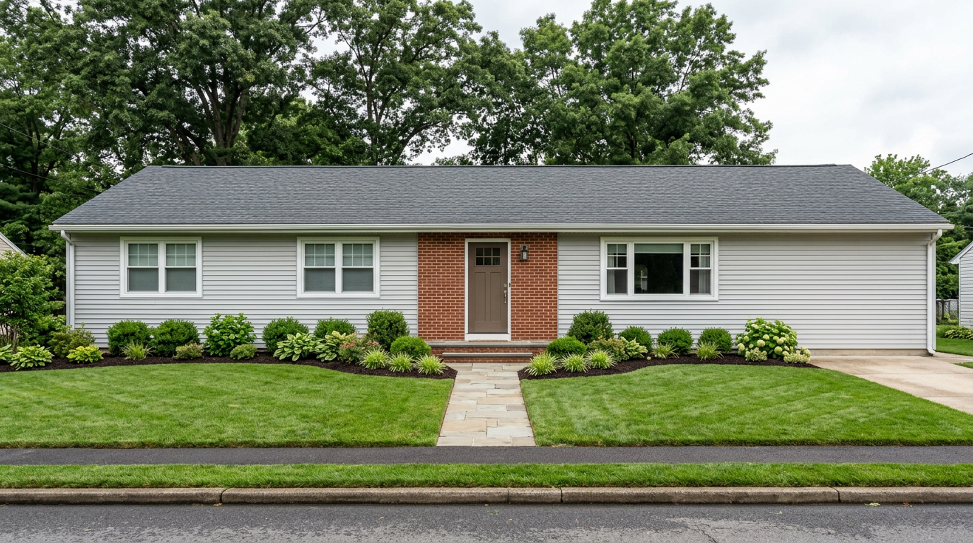 After: the same front-facing home with a neat lawn, curved planting beds, and a centered stone path