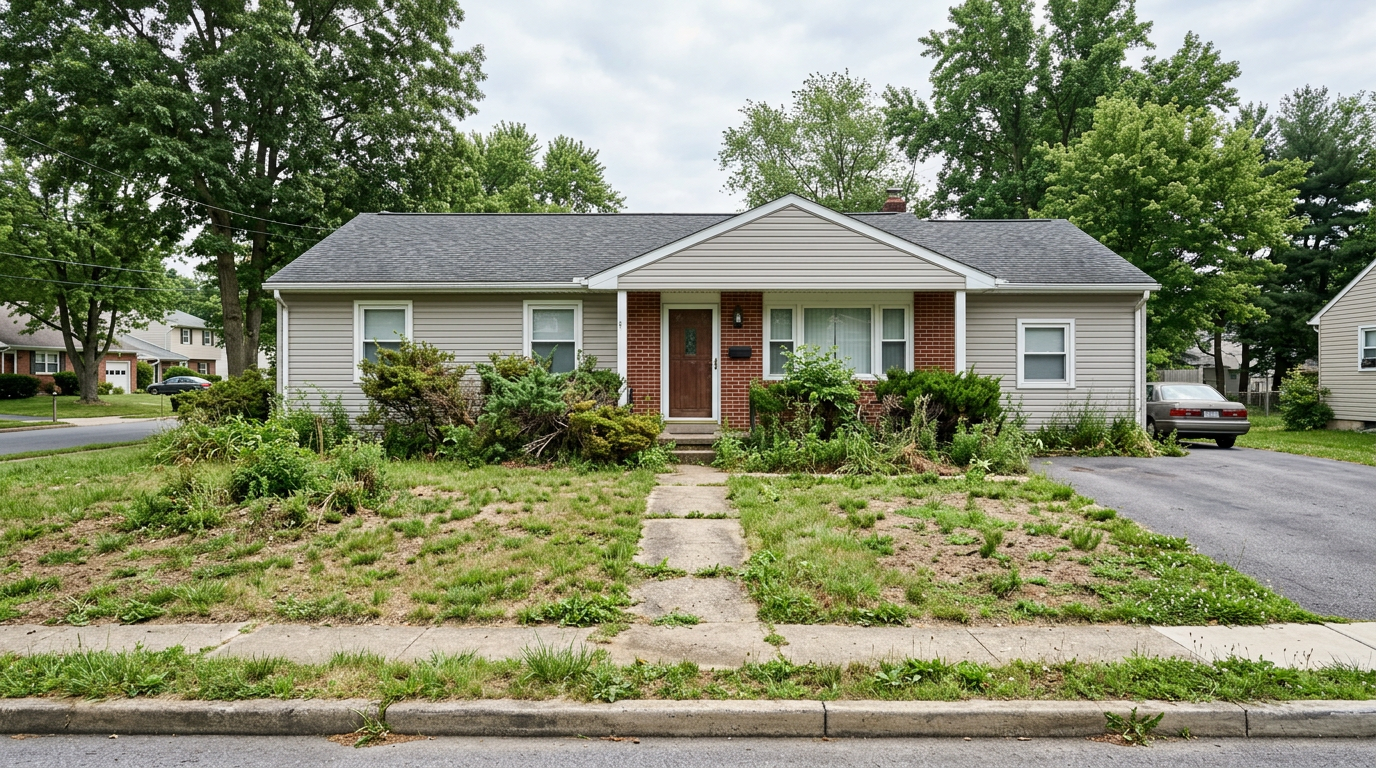 Before: the same front yard with patchy grass and overgrown garden beds